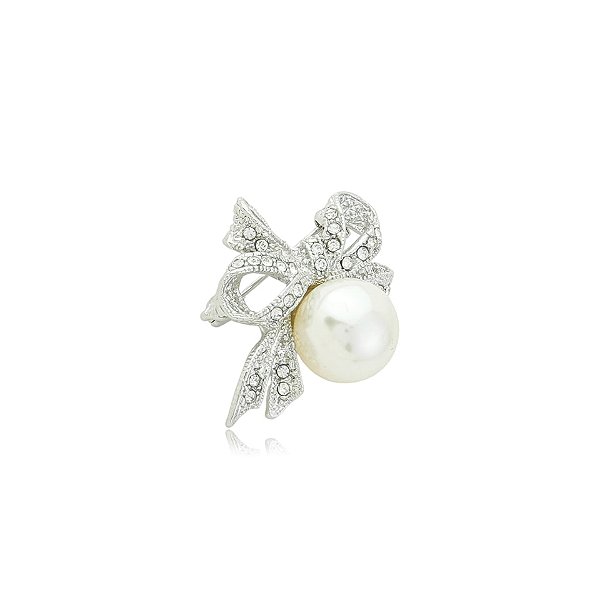 Broche laço pérola strass prateado