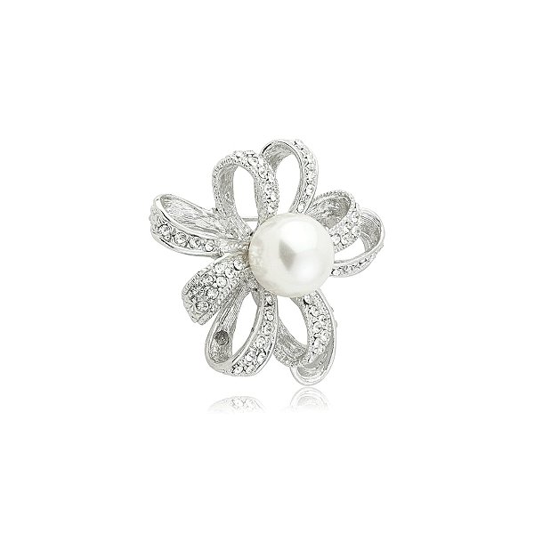 Broche flor pérola strass prateado