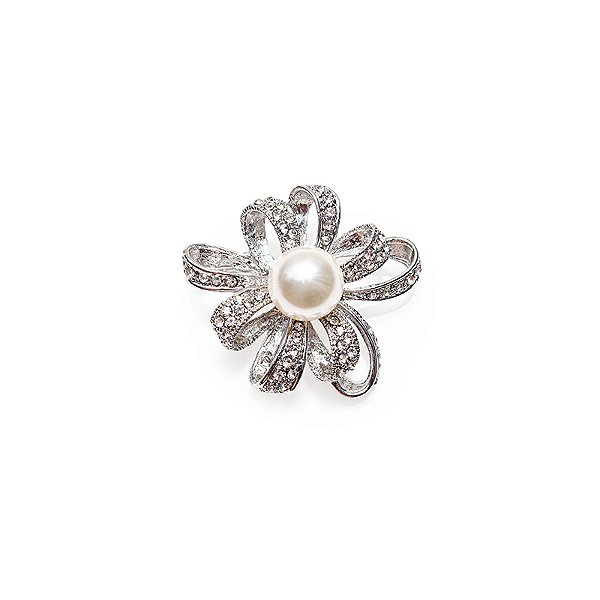 Broche flor pérola strass prateado