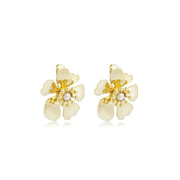 Brinco pressão flor pérola ouro semijoia