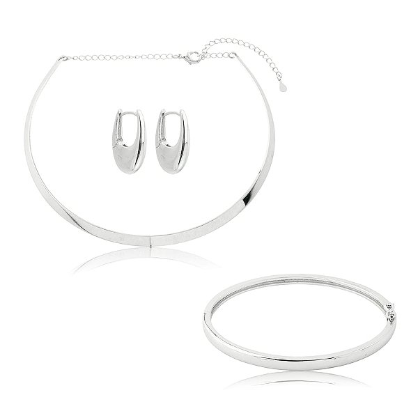 Kit colar brinco e bracelete liso ródio semijoia