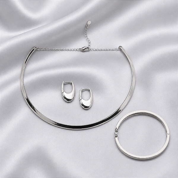 Kit colar brinco e bracelete liso ródio semijoia