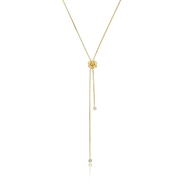 Colar gravatinha mini flor zircônia ouro semijoia 6820005