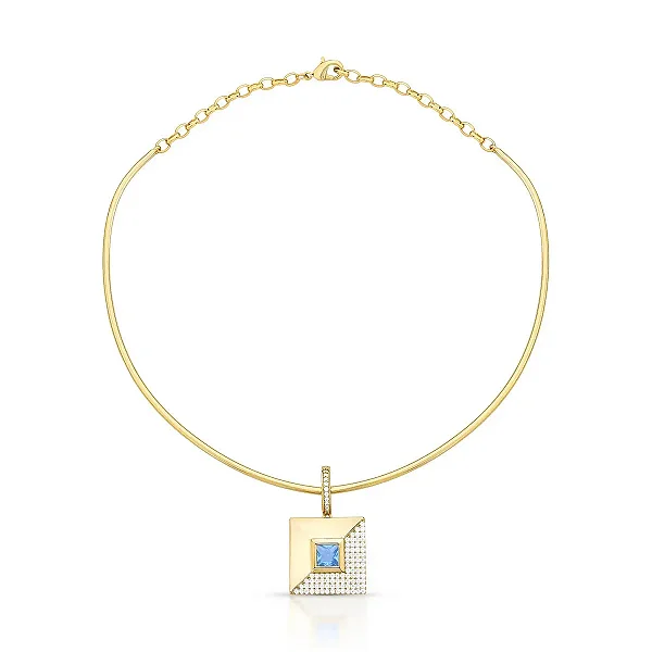 Colar aro pingente quadrado cristal azul ouro semijoia