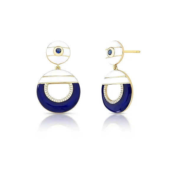 Brinco pêndulo esmaltado azul zircônia ouro semijoia