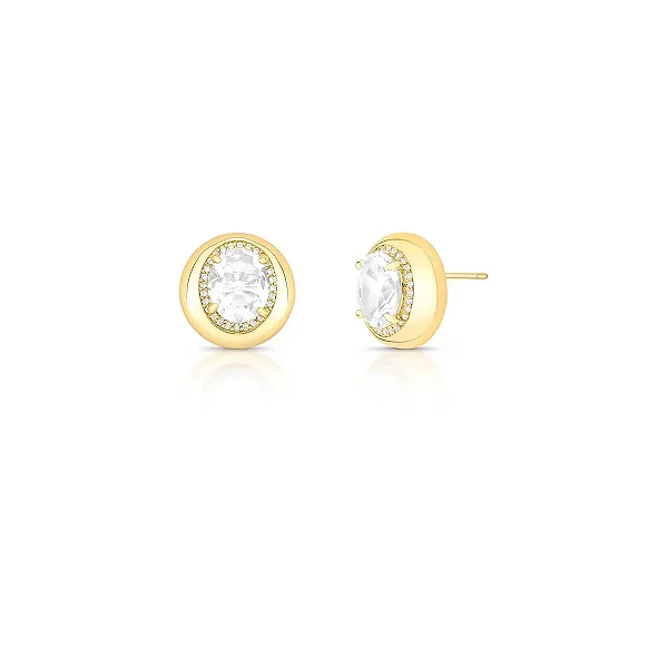Brinco oval zircônia cristal ouro semijoia