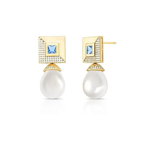 Brinco 2 em 1 pêndulo cristal azul pérola shell gota ouro semijoia