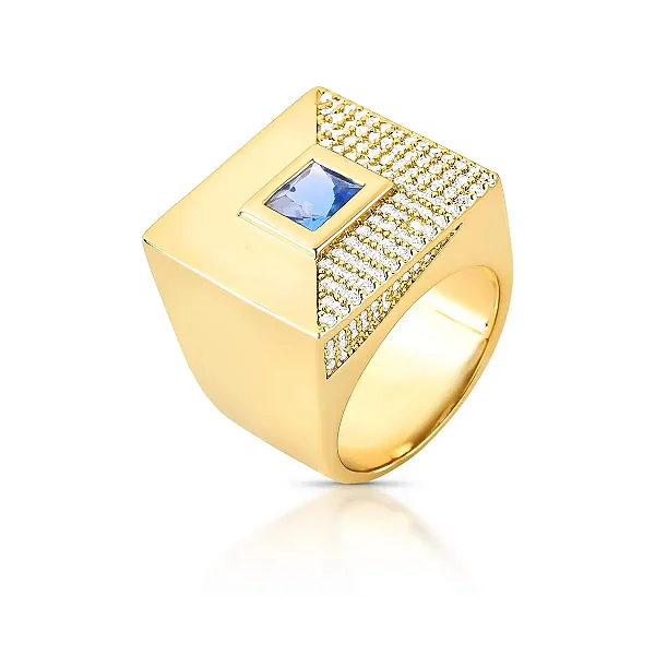 Anel quadrado cristal azul ouro semijoia