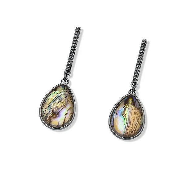 Brinco gota pedra natural abalone zircônia ródio negro semijoia