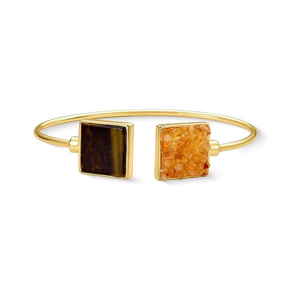 Bracelete pedras naturais olho de tigre e citrino ouro semijoia