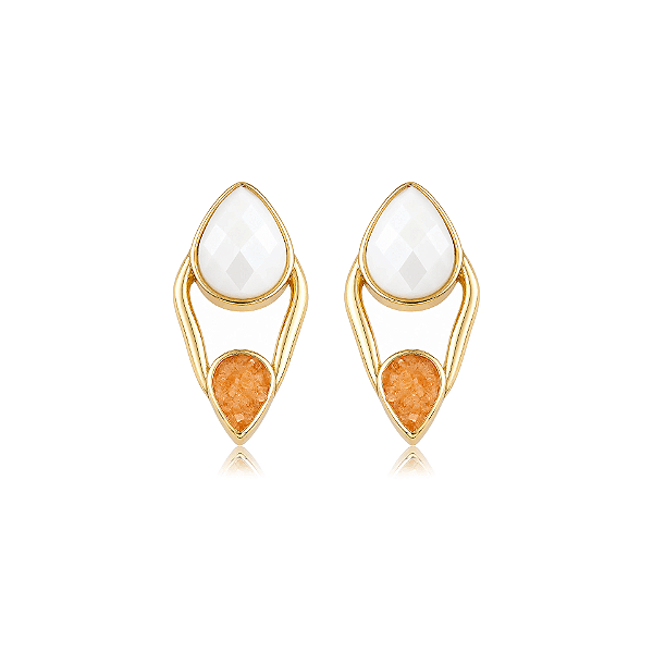Brinco pedras naturais calcita laranja e porcelana facetada perolada ouro semijoia