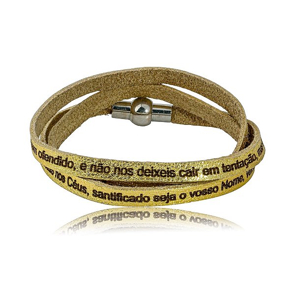 Pulseira Fernanda Villela couro dourado oração Pai Nosso