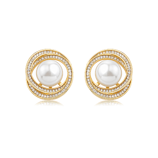 Brinco oval elos entrelaçados pérola zircônia ouro semijoia VB0707