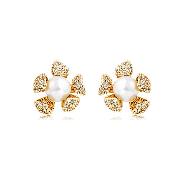Brinco flor pérola zircônia ouro semijoia VB0710