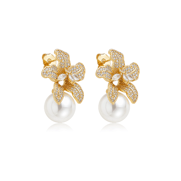 Brinco flor pérola zircônia ouro semijoia VB0709