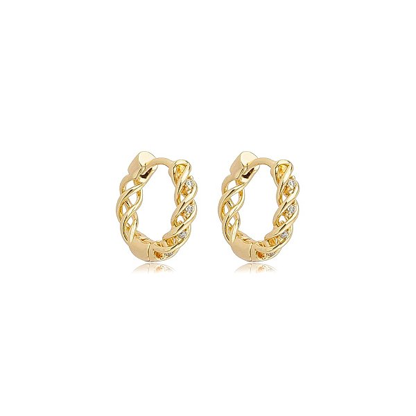 Brinco argolinha trançada zircônia ouro semijoia 26k08025