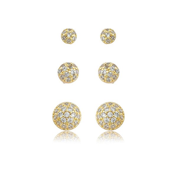 Kit 3 brincos meio globinho zircônia ouro semijoia 24k20032