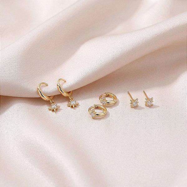 Kit 3 brincos estrelas zircônia ouro semijoia 26k08023