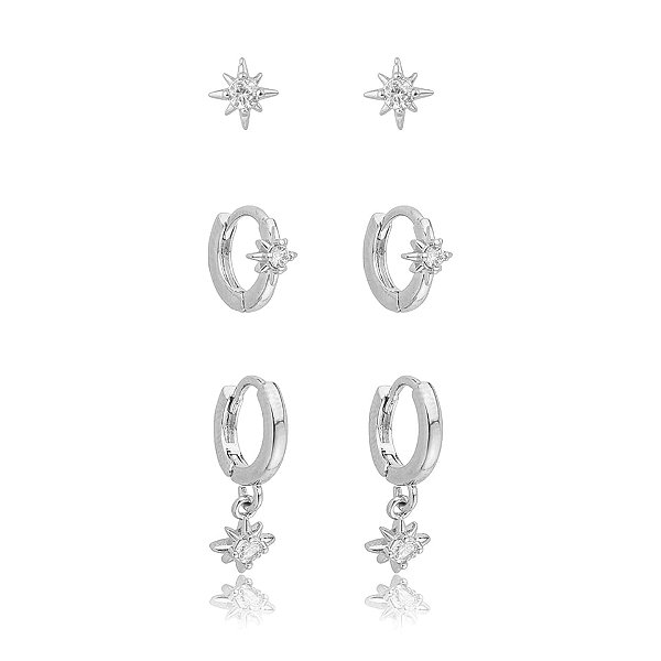 Kit 3 brincos estrelas zircônia ródio semijoia 26k08023
