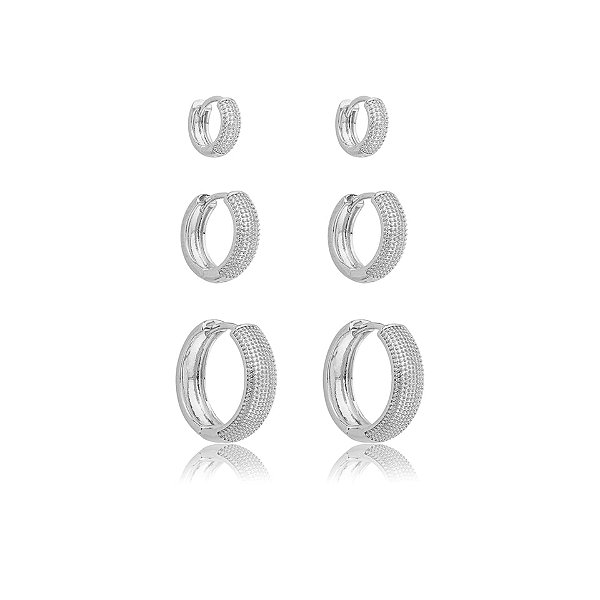Kit 3 brincos argolinhas texturizadas ródio semijoia 24k02003