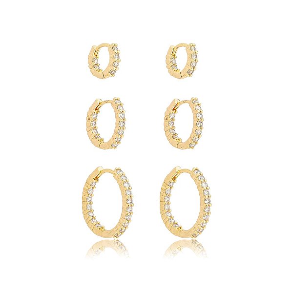 Kit 3 brincos argolinhas zircônias ouro semijoia 25k05025