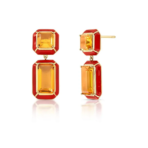 Brinco pêndulo esmaltado marrom cristais ouro semijoia