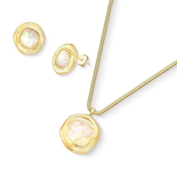 Colar e brinco pedra natural nautilus ouro semijoia