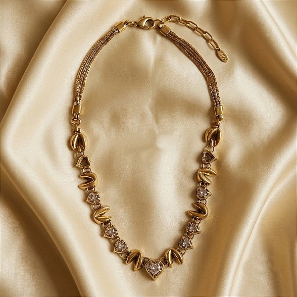 Colar Claudia Arbex biscoito da sorte cristais ouro vintage