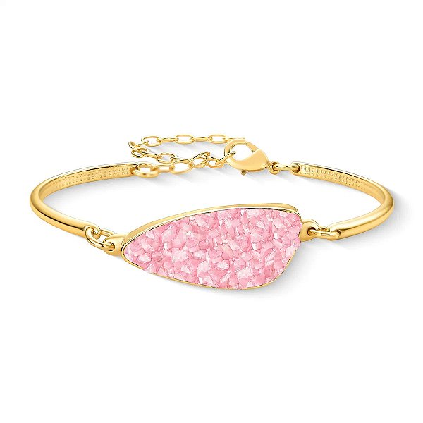 Pulseira orgânica pedra natural quartzo rosa ouro semijoia