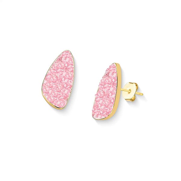 Brinco orgânico pedra natural quartzo rosa ouro semijoia