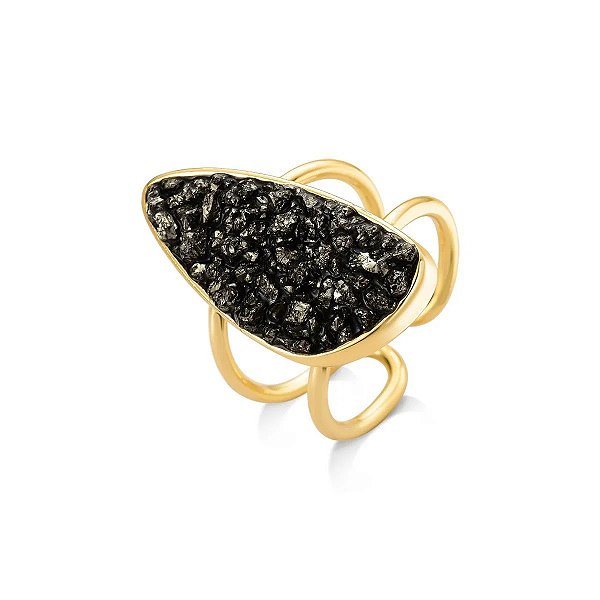 Anel ajustável orgânico pedra natural pirita ouro semijoia