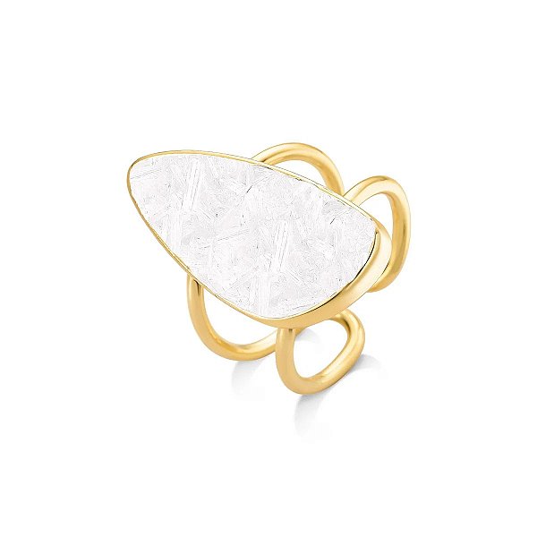 Anel ajustável orgânico pedra natural selenita ouro semijoia