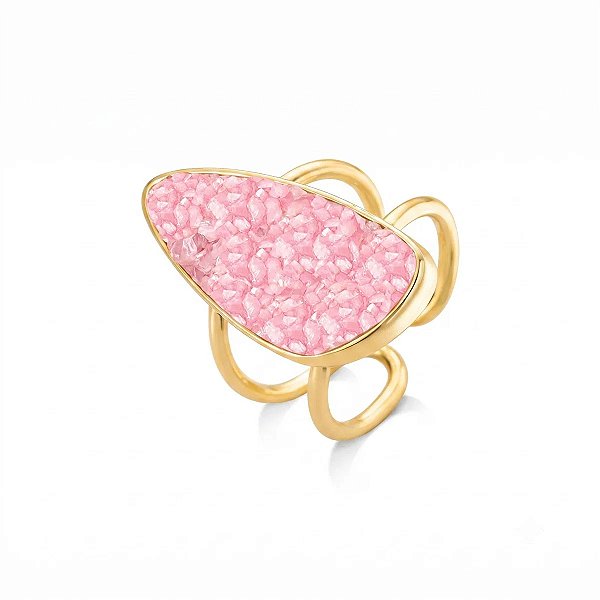 Anel ajustável orgânico pedra natural quartzo rosa ouro semijoia