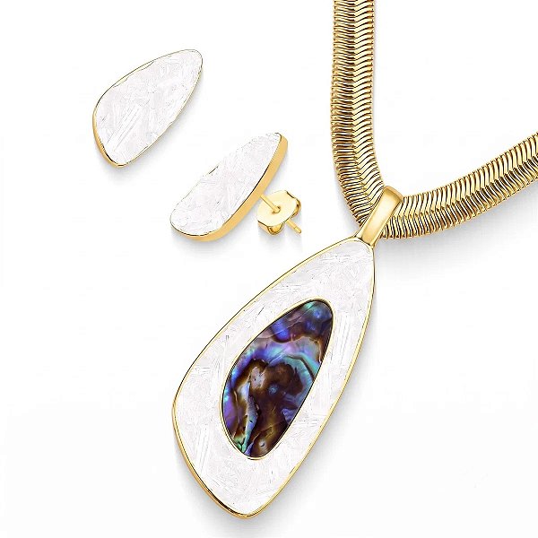 Colar e brinco orgânico pedras naturais selenita e abalone ouro semijoia