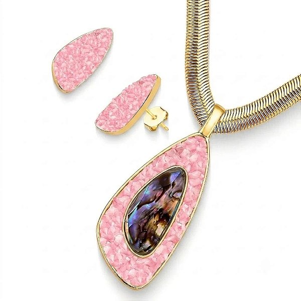 Colar e brinco orgânico pedras naturais quartzo rosa e abalone ouro semijoia
