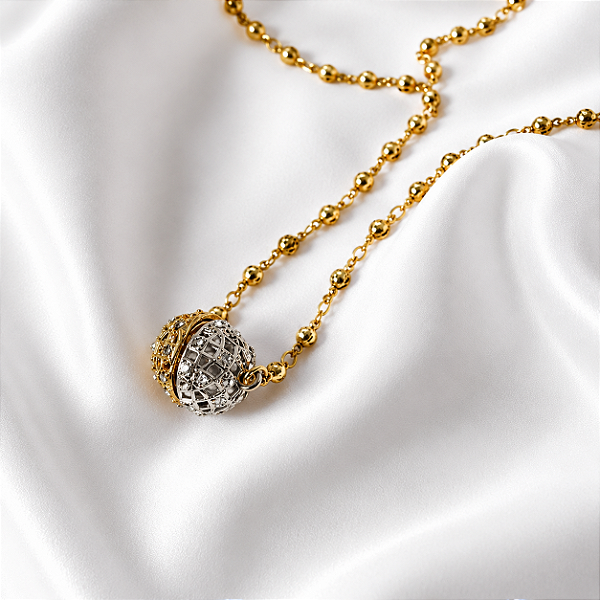 Colar Corrente Longa com Esfera com Strass no Ouro e Prata Vintage Sheila Morais