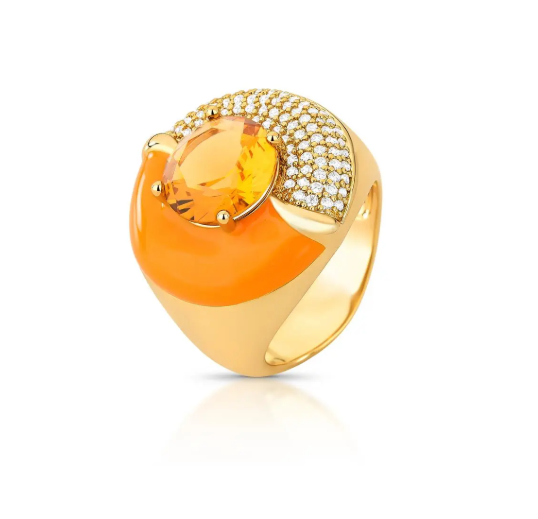 ANEL REDONDO ESMALTADO MARROM COM CRISTAL E ZIRCÔNIAS OURO