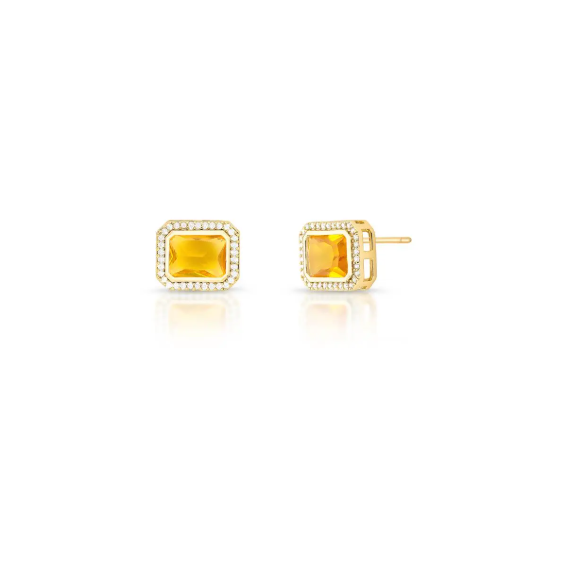 Brinco com Cristal Retangular Amarelo Escuro com Zircônias Ouro