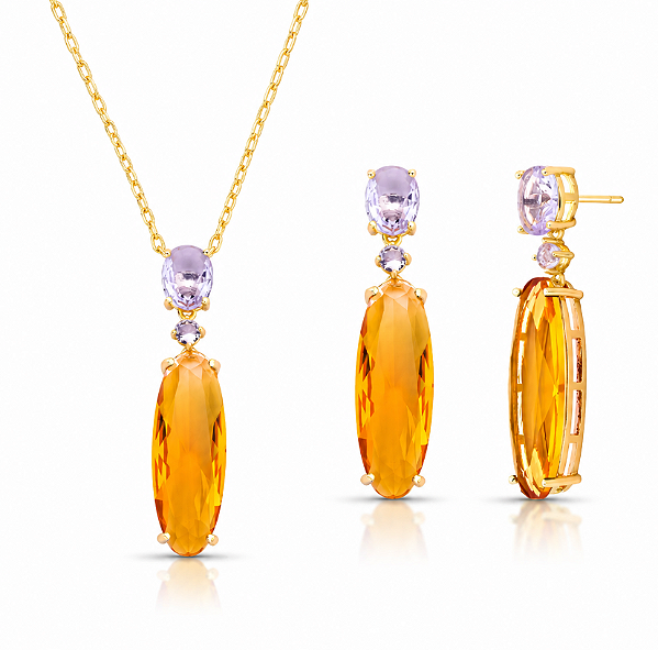 Conjunto Colar e Brinco Oval Amarelo Escuro com Cristais Ouro