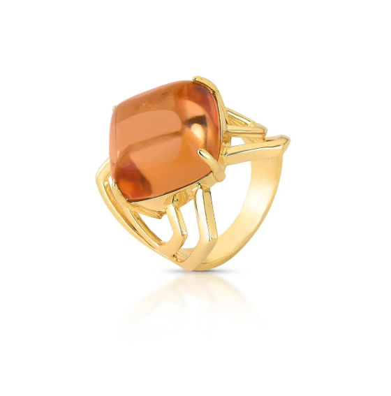 Anel com Cristal Marrom em Losango Vazado Banhado a Ouro