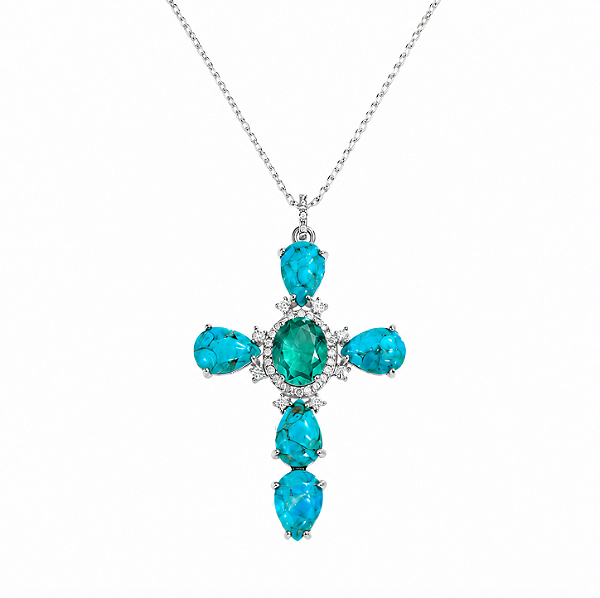 Colar Crucifixo Moissanite Turquesa com Fusion Turmalina
