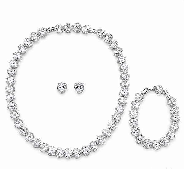 Conjunto Colar Brinco e Pulseira em Corações Ródio
