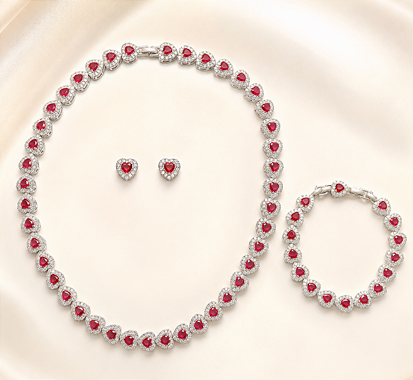 Conjunto Colar Brinco e Pulseira em Corações Ródio Vermelho