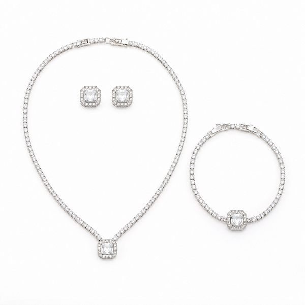 Conjunto Colar Brinco e Pulseira Quadrado Ródio