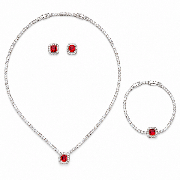 Conjunto Colar Brinco e Pulseira Quadrado Vermelho Ródio