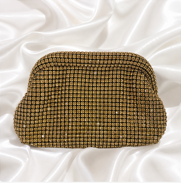 Bolsa Clutch Strass Dourado Escuro com Alça Removível para Festa