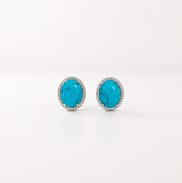 Brinco Oval Turquesa com Zircônias Ródio Semijoia