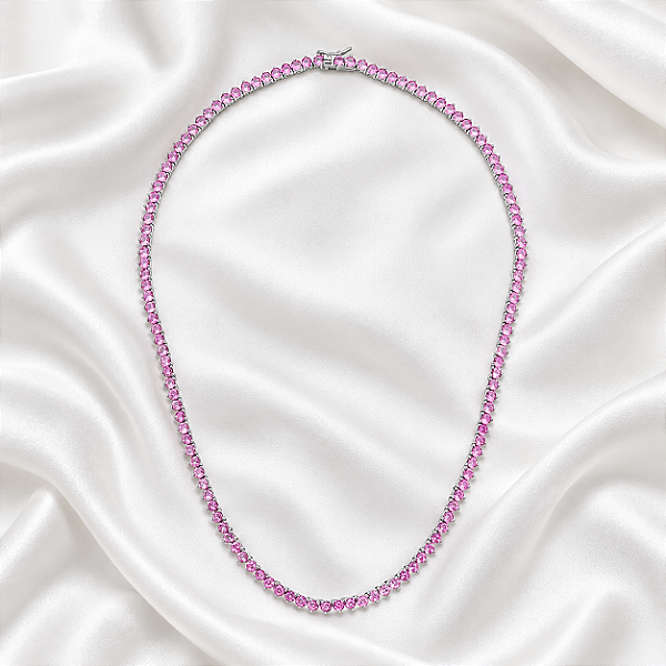Colar Riviera Rosa Pink com Zircônias Redondas em Ródio Semijoia