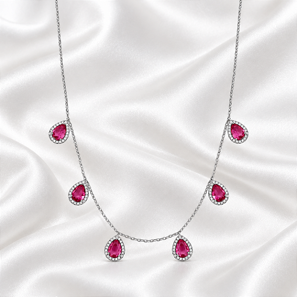 Colar Gotas Rosa Pink Ródio Semijoia