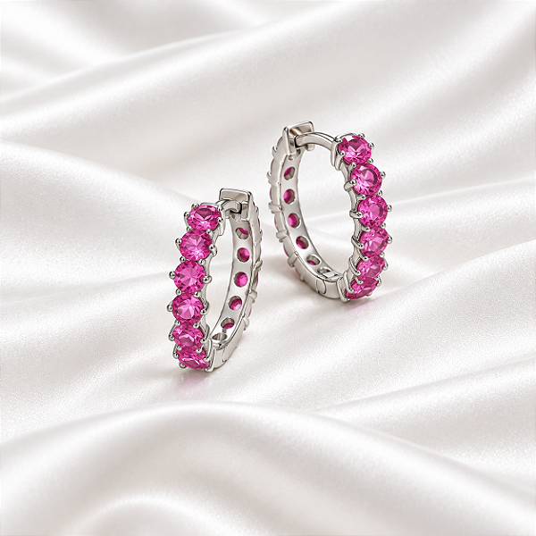 Brinco Argola com Cristais Rosa Pink em Ródio Semijoia